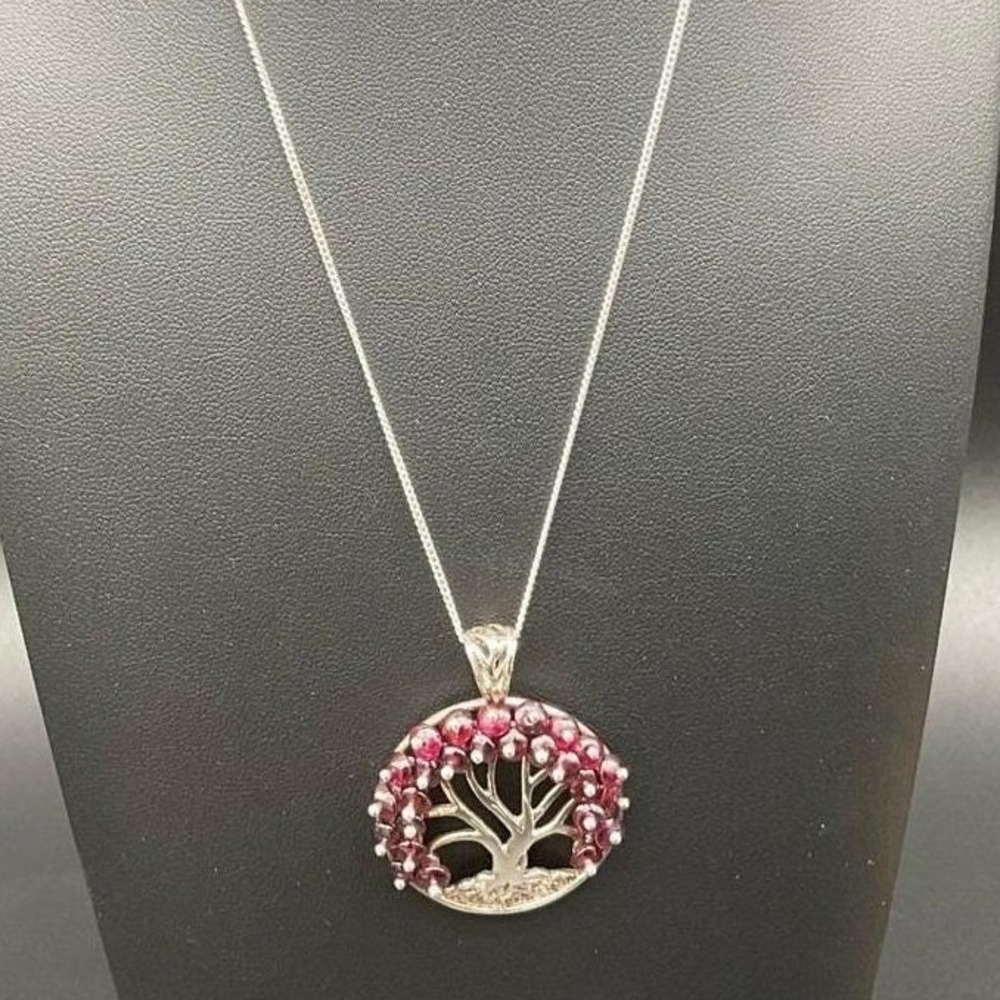 Sterling Silver Garnet Tree Of Life Pendant Necklace 19" Chain Fine Jewelry Gift